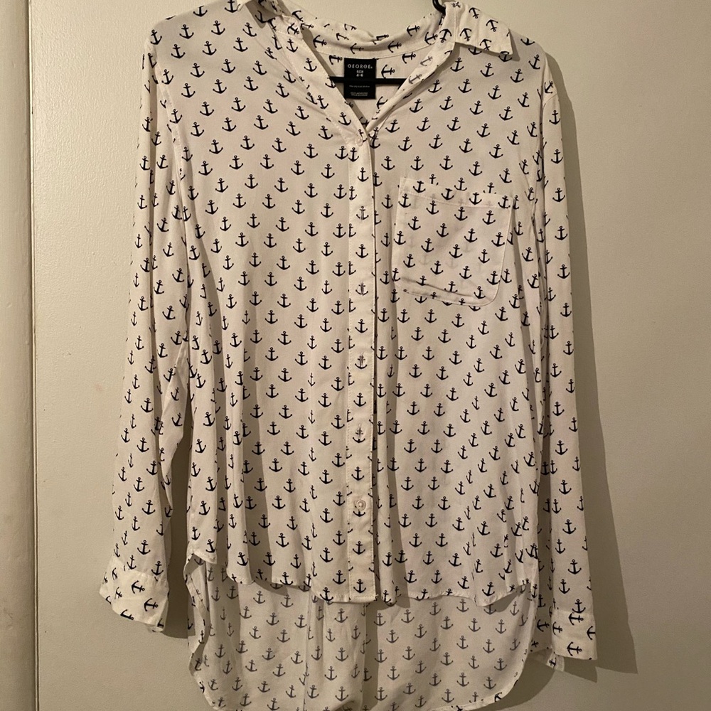 Blue and white anchor button up